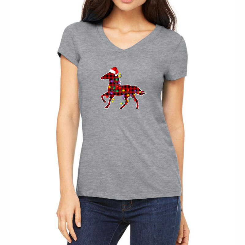 Red Plaid Horse Christmas Pajamas Xmas Lights Women Girl Boy Women's V-Neck T-Shirt by rakinybluvic | Artistshot