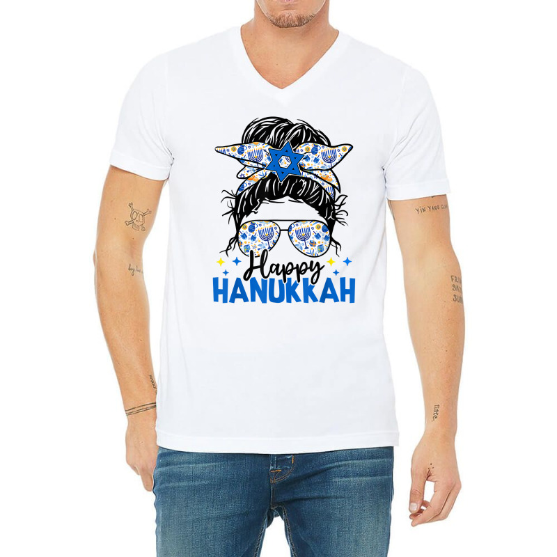 Happy Hanukkah Messy Bun Hair Xmas Jewish Holiday T Shirt V-neck Tee | Artistshot