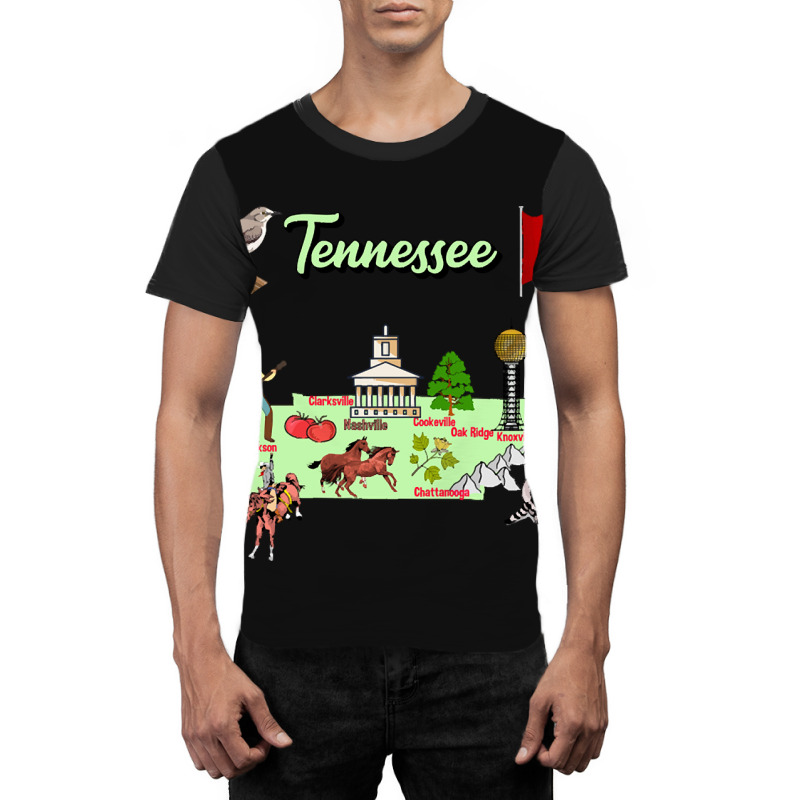 Hand Drawn Illustration Of Tennessee Map With Tourist Destinations, Us Graphic T-shirt | Artistshot