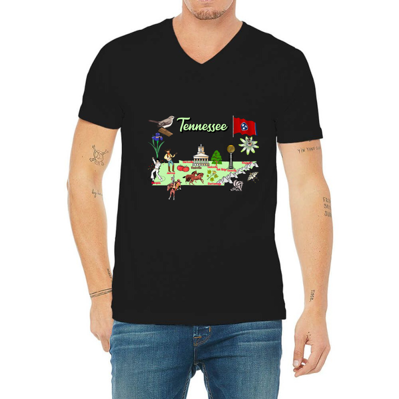 Hand Drawn Illustration Of Tennessee Map With Tourist Destinations, Us V-neck Tee | Artistshot