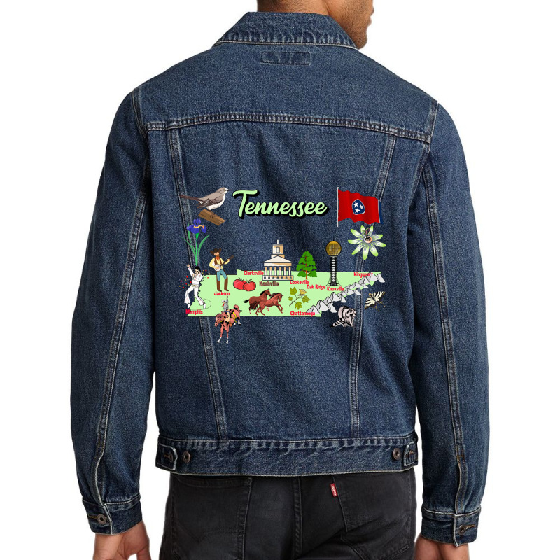 Hand Drawn Illustration Of Tennessee Map With Tourist Destinations, Us Men Denim Jacket | Artistshot