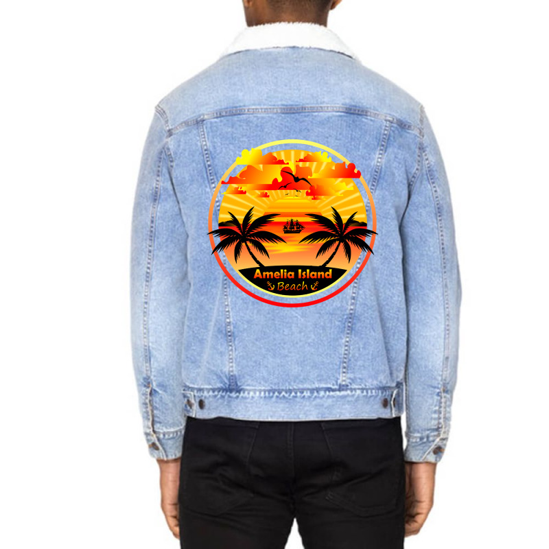 Amelia Island Beach, Palm Trees Sunset, Florida Summer-qz1m6 Unisex Sherpa-Lined Denim Jacket by declangreenwood | Artistshot