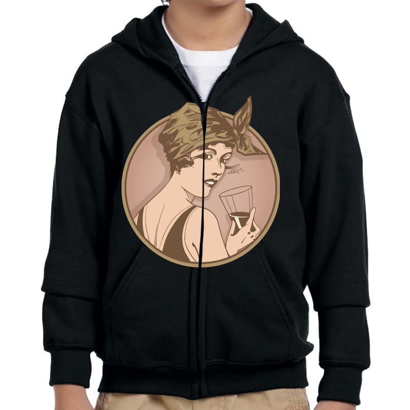 Lady Drinking Wine. Art Deco Style Illustration Design. Youth Zipper Hoodie | Artistshot