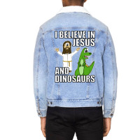 I Believe In Jesus And Dinosaurs Funny Christian Humor Unisex Sherpa-lined Denim Jacket | Artistshot