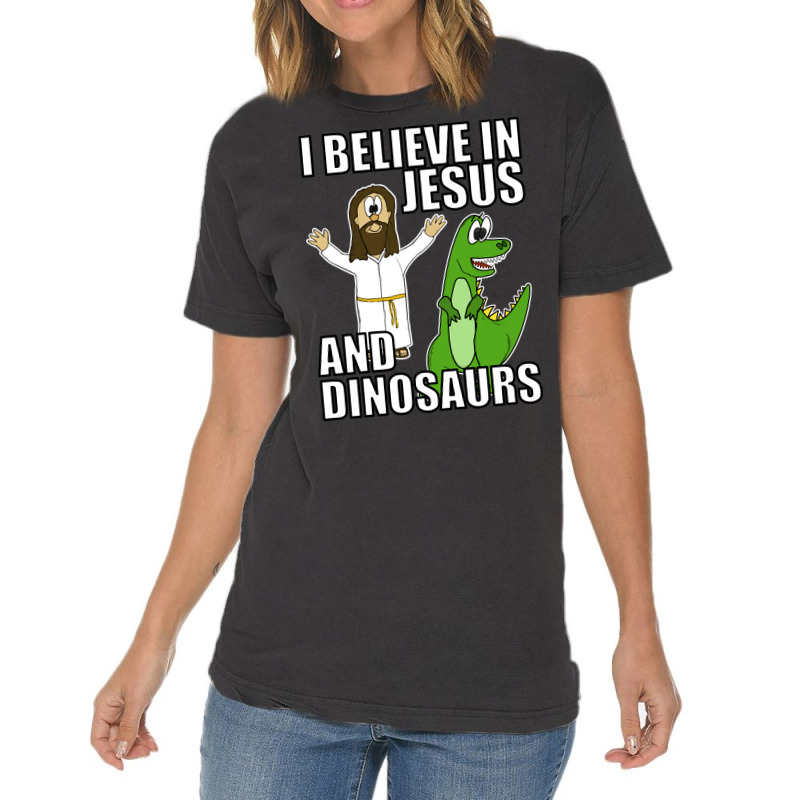 I Believe In Jesus And Dinosaurs Funny Christian Humor Vintage T-Shirt by greggjvandervor | Artistshot