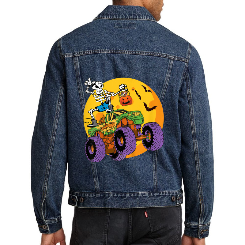 Kids Skeleton Monster Truck Trick Treat Halloween Monster Truck Men Denim Jacket | Artistshot