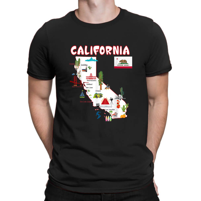 Map Of California Landmarks, Major Cities, Flag T-shirt | Artistshot