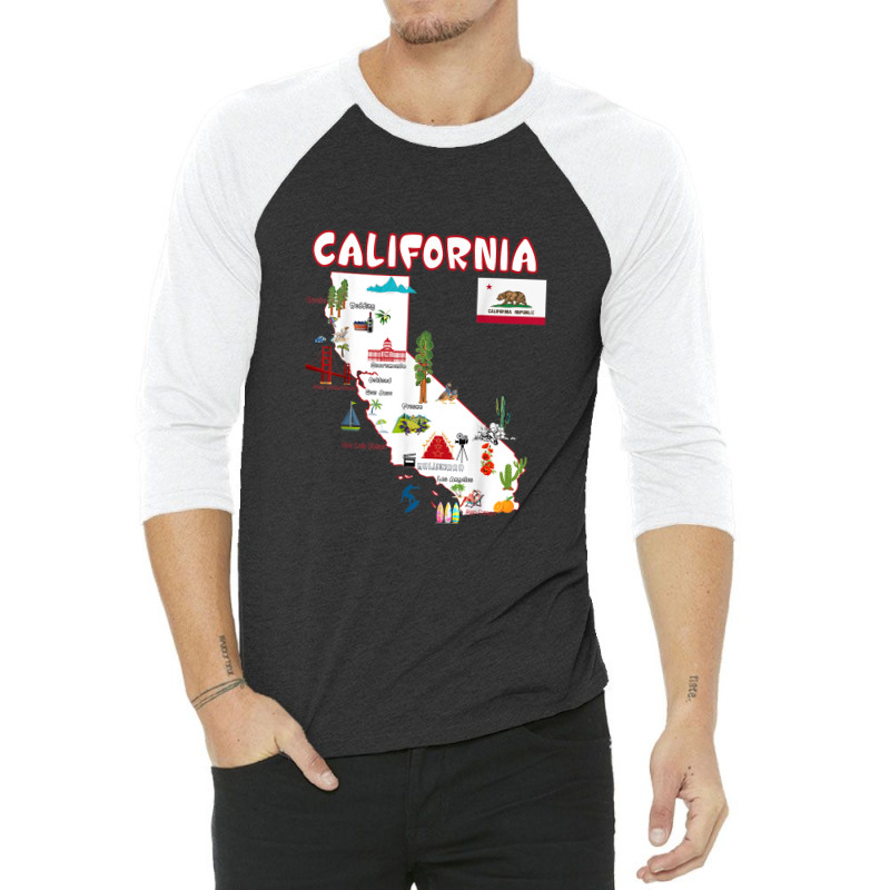 Map Of California Landmarks, Major Cities, Flag 3/4 Sleeve Shirt | Artistshot