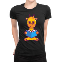 Cute Giraffe Reading Book Cartoon Ladies Fitted T-shirt | Artistshot