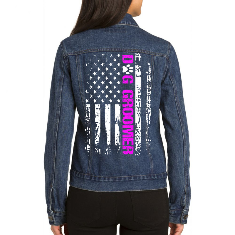 Dog Groomer  American Flag Patriotic Dog Groomer Gift Premium Ladies Denim Jacket by ScottArtist | Artistshot