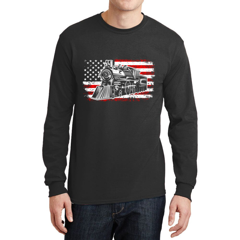 Train Steam Locomotive Railroad Usa American Flag Long Sleeve Shirts | Artistshot