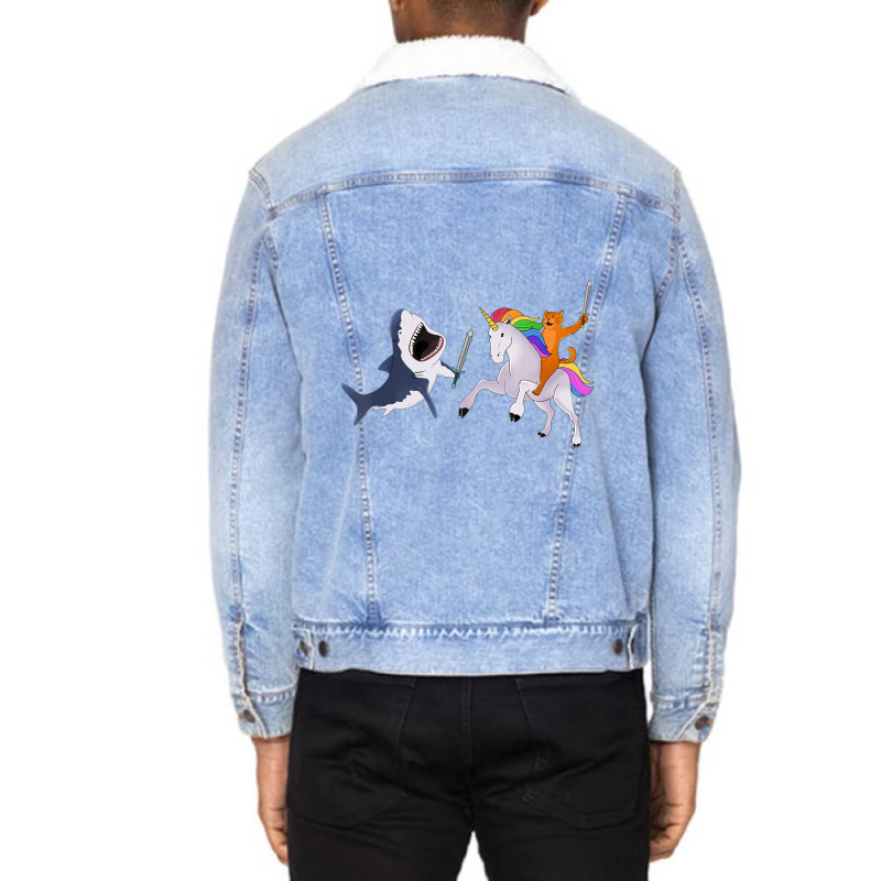 Funny Cat Riding Magical Unicorn Sword Fighting Shark Unisex Sherpa-Lined Denim Jacket by yumgaugeteuda | Artistshot