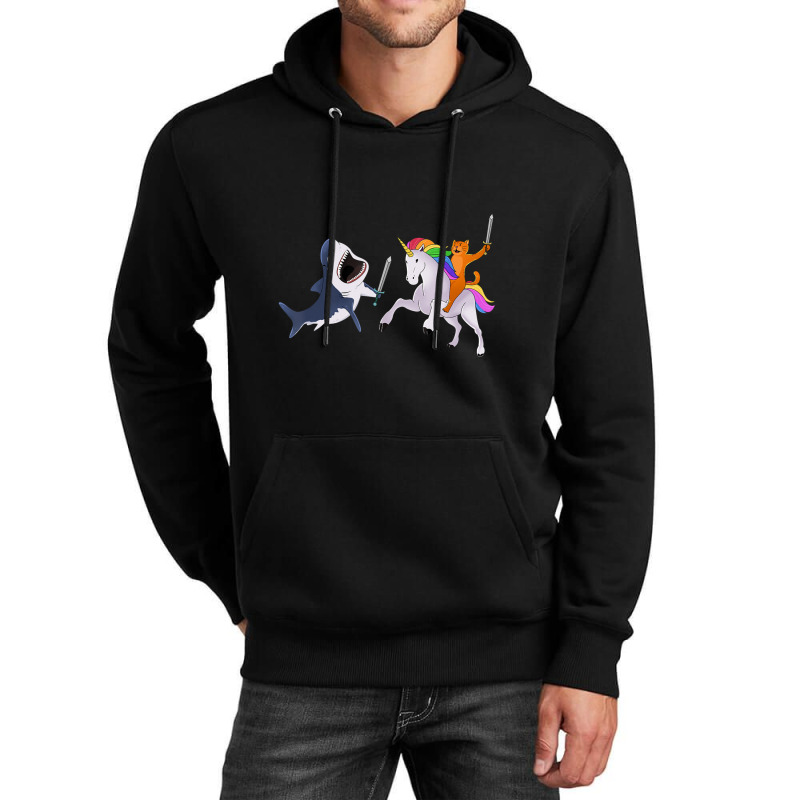 Funny Cat Riding Magical Unicorn Sword Fighting Shark Unisex Hoodie by yumgaugeteuda | Artistshot