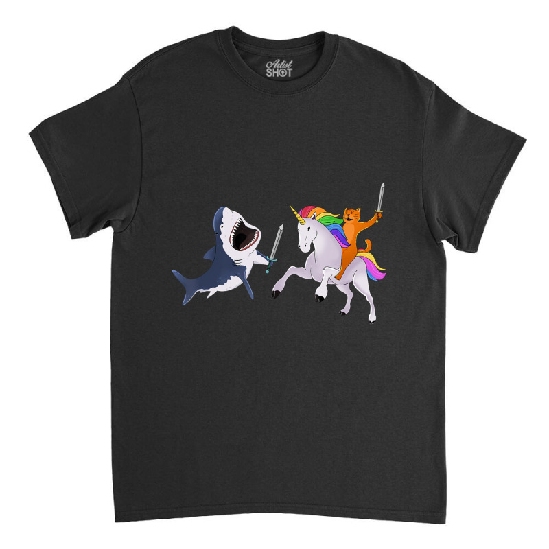 Funny Cat Riding Magical Unicorn Sword Fighting Shark Classic T-shirt by yumgaugeteuda | Artistshot