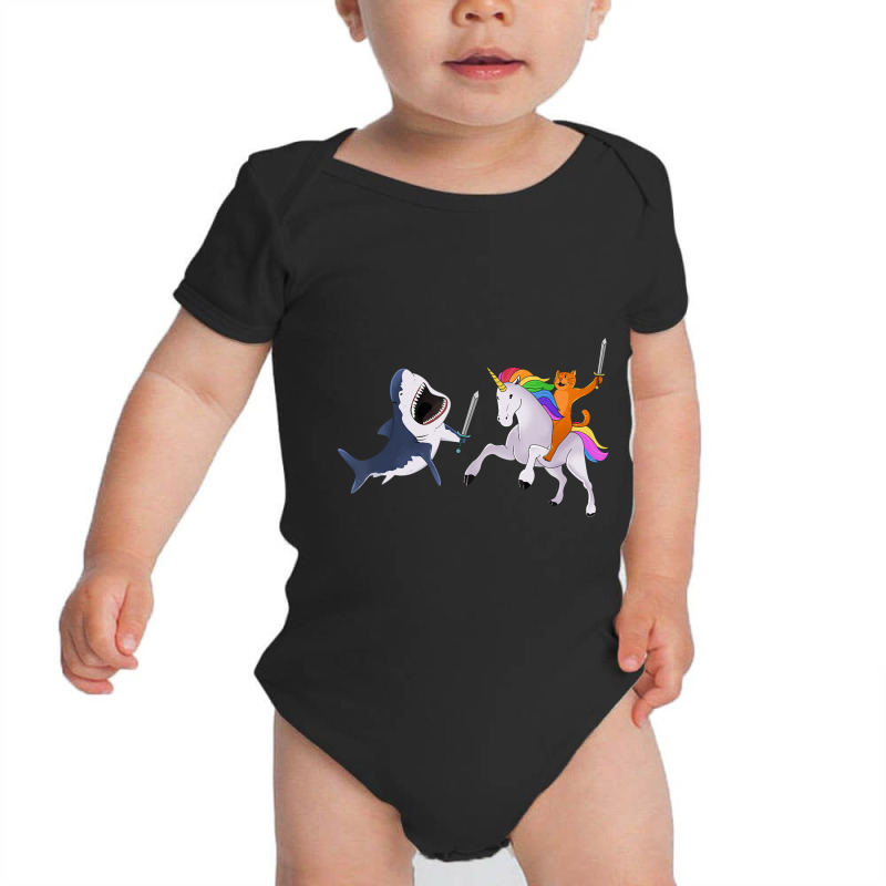 Funny Cat Riding Magical Unicorn Sword Fighting Shark Baby Bodysuit by yumgaugeteuda | Artistshot