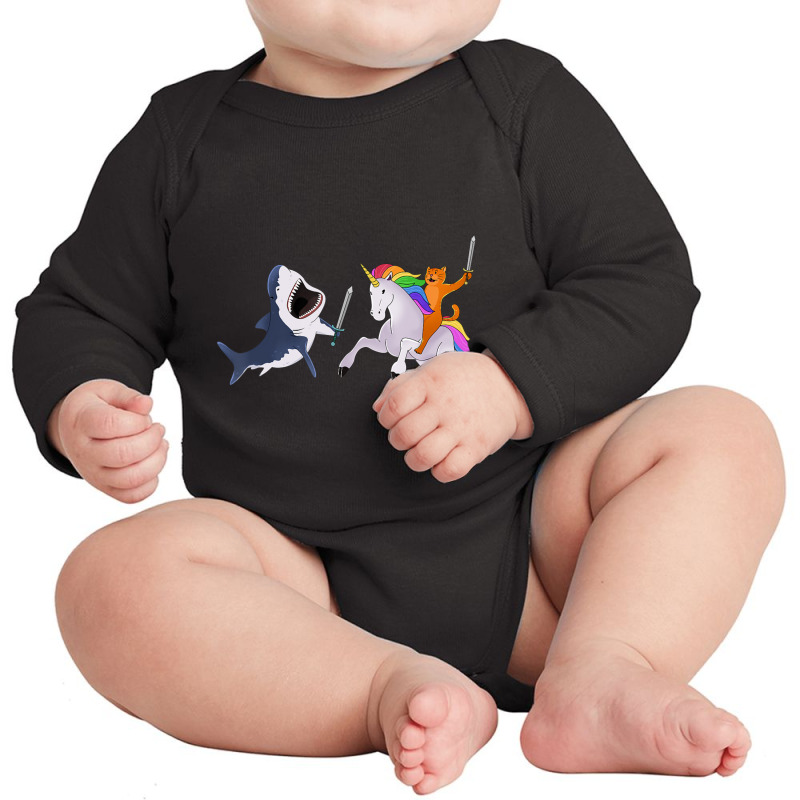 Funny Cat Riding Magical Unicorn Sword Fighting Shark Long Sleeve Baby Bodysuit by yumgaugeteuda | Artistshot