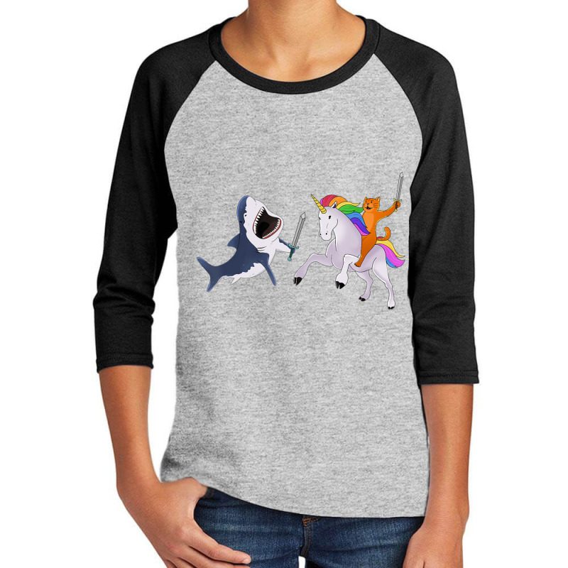 Funny Cat Riding Magical Unicorn Sword Fighting Shark Youth 3/4 Sleeve by yumgaugeteuda | Artistshot