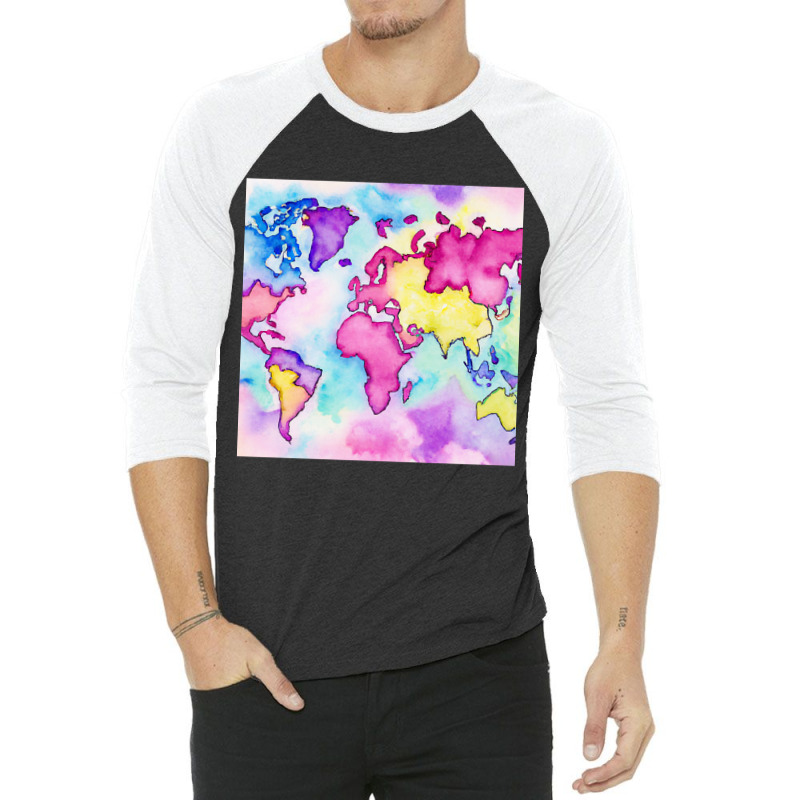 Pastel Watercolors World Map Art Design 3/4 Sleeve Shirt | Artistshot