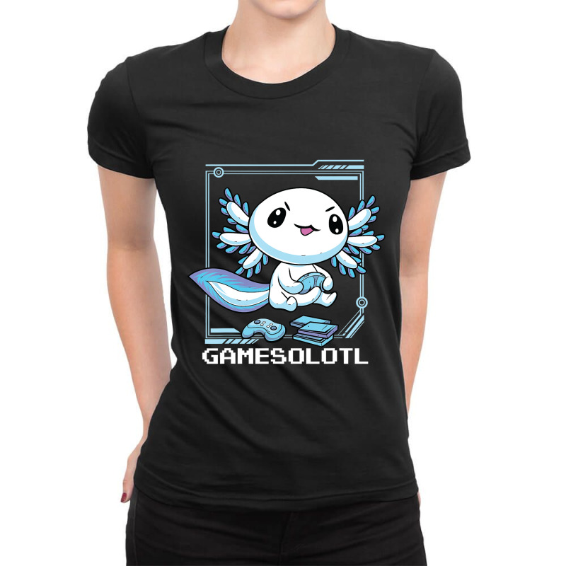 Axolotl Fish Playing Video Game Games-o-lot White Axolotl Lizard Kawai Ladies Fitted T-Shirt by Min08 | Artistshot