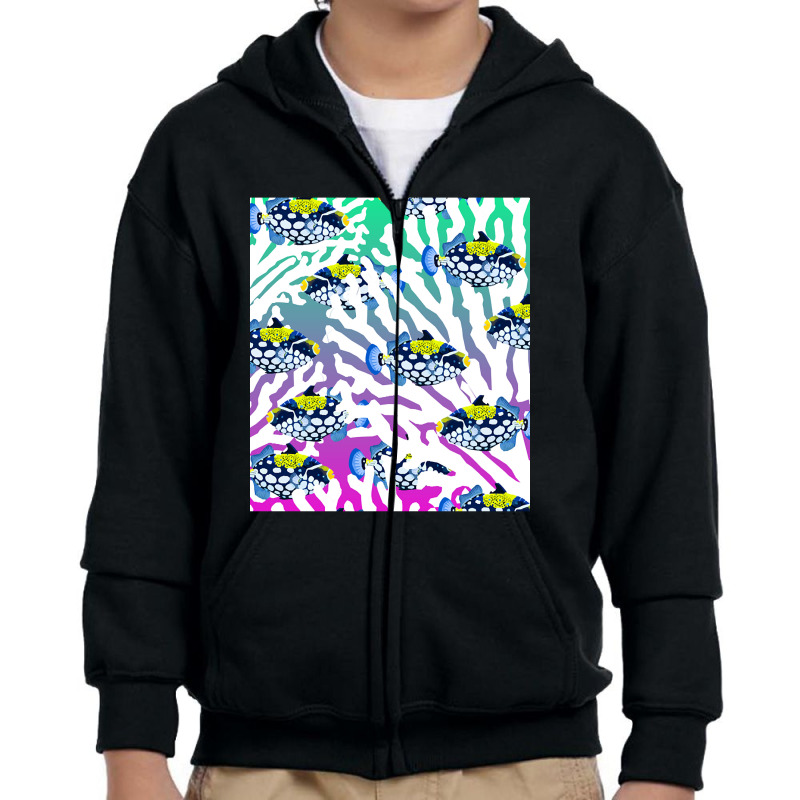 Clown Triggerfish Group (balistoides) With Colorful Pattern - Coral Re Youth Zipper Hoodie by webberkyla | Artistshot