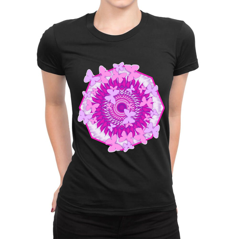 Butterflies And Kaleidoscope In Pink Ladies Fitted T-Shirt by lykhongduong9enev3 | Artistshot