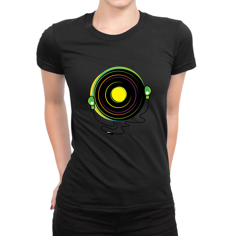 Music Disc With Earphones Ladies Fitted T-Shirt by SandraWarren | Artistshot