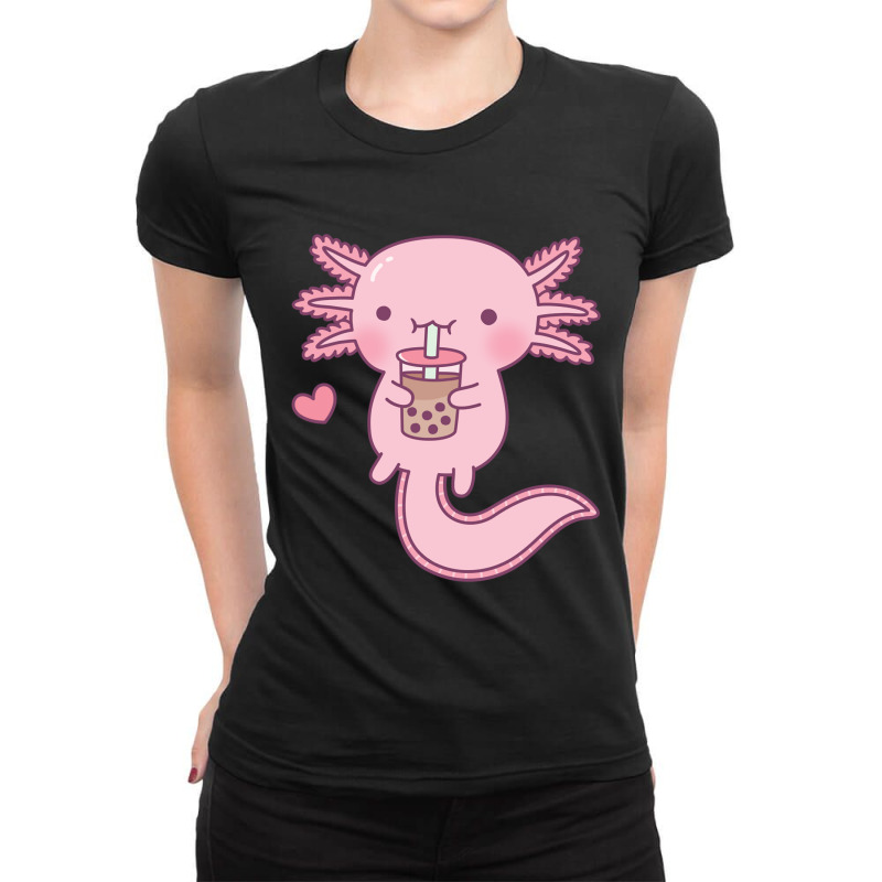 Cute Axolotl Drinking Bubble Tea Ladies Fitted T-Shirt by Min05 | Artistshot