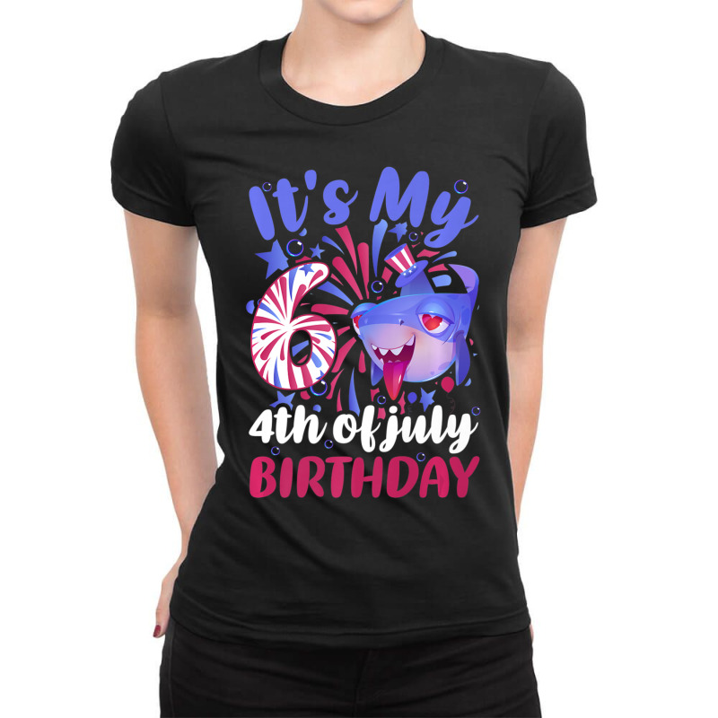 It's My 6th Birthday 4th Of July Family Shark Ladies Fitted T-Shirt by fenderbendable | Artistshot