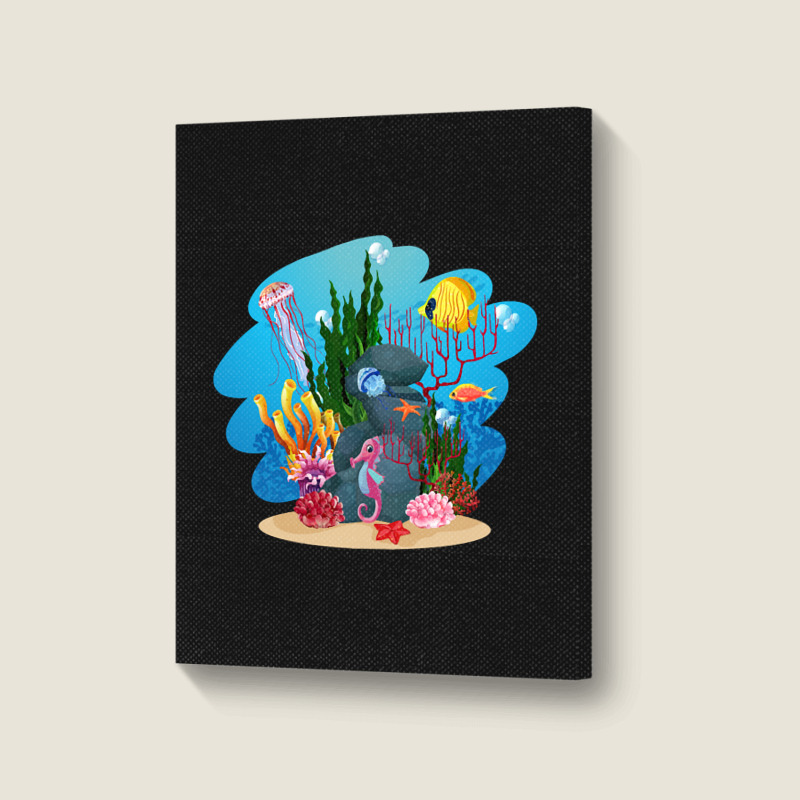 Undersea Life Coral Reef With Fish And Water Plants  Cartoon Landscape Portrait Canvas Print | Artistshot