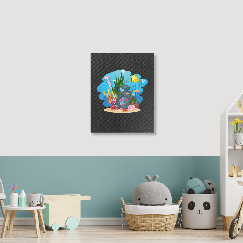 Undersea Life Coral Reef With Fish And Water Plants  Cartoon Landscape Portrait Canvas Print | Artistshot