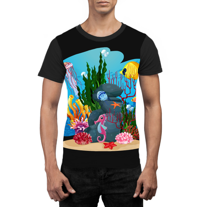 Undersea Life Coral Reef With Fish And Water Plants  Cartoon Landscape Graphic T-shirt | Artistshot