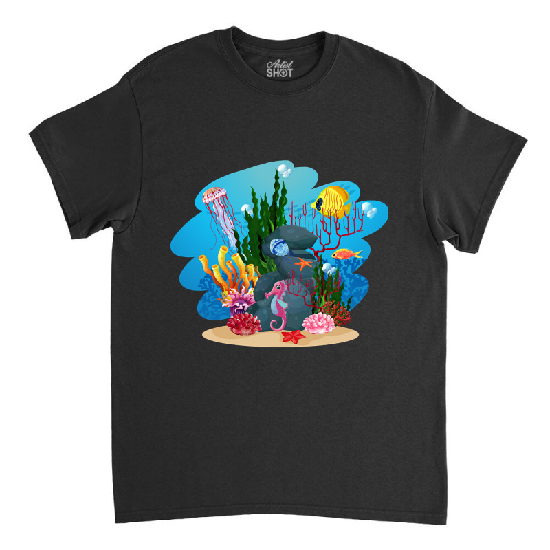 Undersea Life Coral Reef With Fish And Water Plants  Cartoon Landscape Classic T-shirt | Artistshot