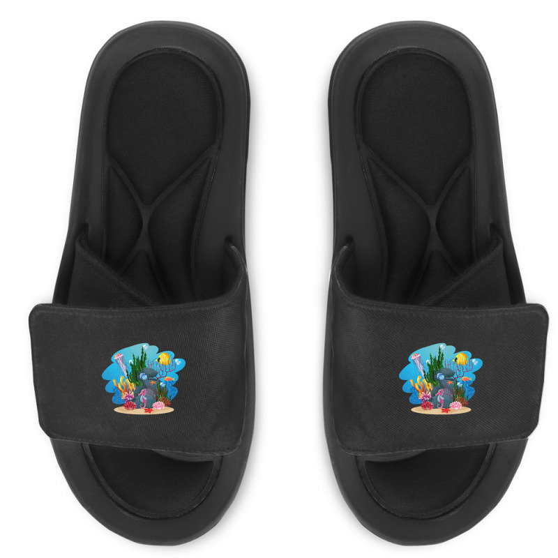 Undersea Life Coral Reef With Fish And Water Plants  Cartoon Landscape Slide Sandal | Artistshot