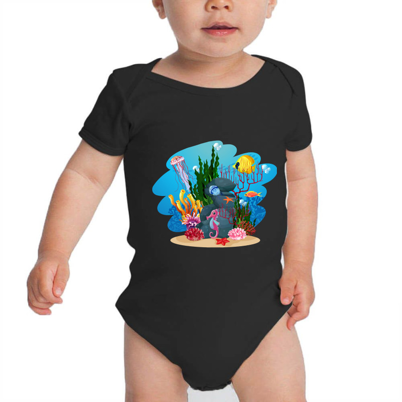 Undersea Life Coral Reef With Fish And Water Plants  Cartoon Landscape Baby Bodysuit | Artistshot