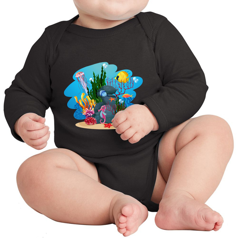 Undersea Life Coral Reef With Fish And Water Plants  Cartoon Landscape Long Sleeve Baby Bodysuit | Artistshot