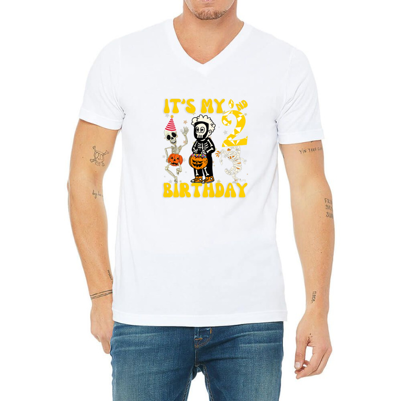 Kids It's My 2nd Birthday Boy Funny Skeleton Pumpkin Halloween V-neck Tee | Artistshot