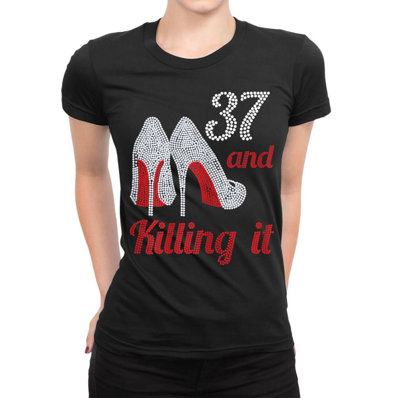 Womens 37 Year Old High Heel Rhinestone 1985 37th Birthday Lady T Shir Ladies Fitted T-Shirt by choninzel | Artistshot