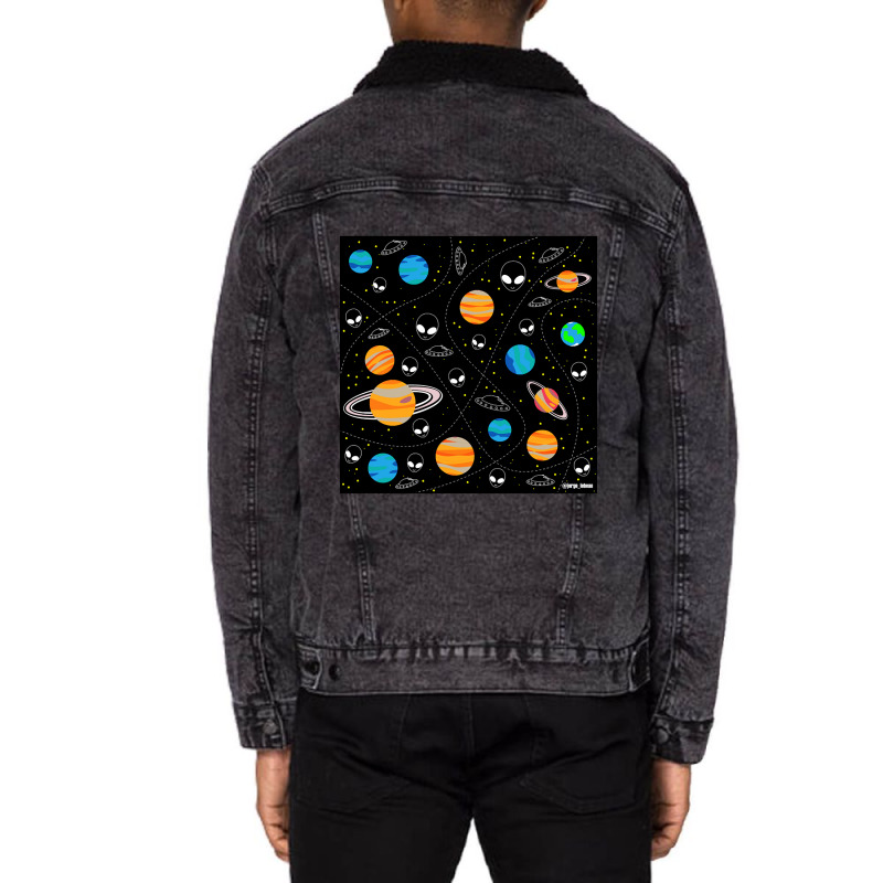 Aliens And Planets A Vector Pattern Wallpaper Ecopop Unisex Sherpa-lined Denim Jacket | Artistshot