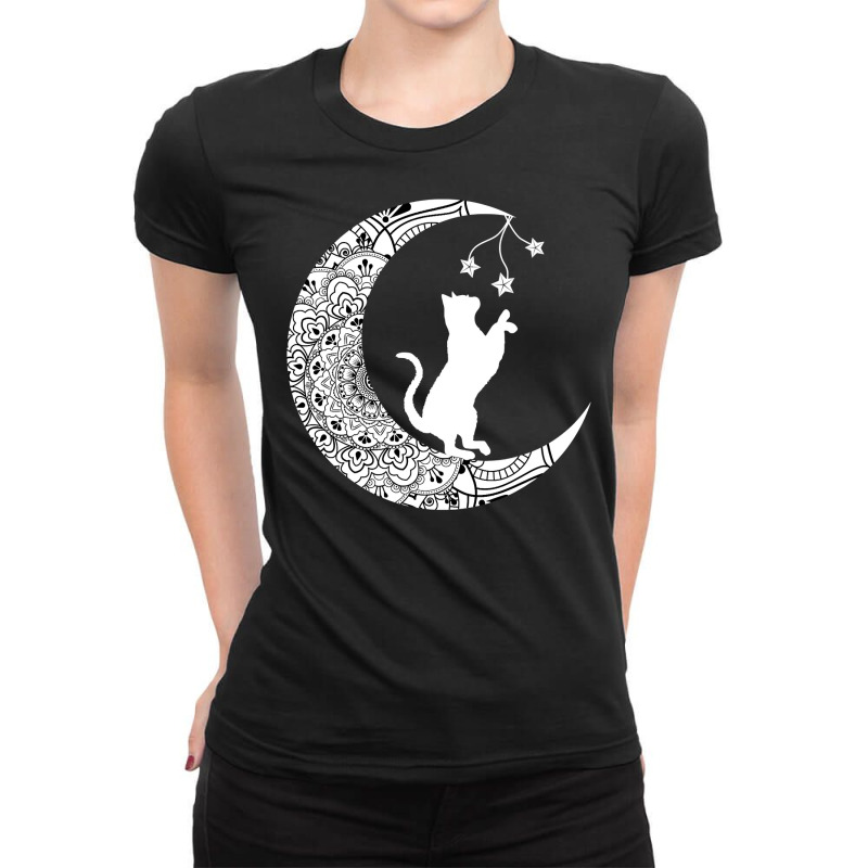 Moon Cat Playful Funny Cat Mandala Crescent Moon Witch Ladies Fitted T-Shirt by BarbaraArtist | Artistshot