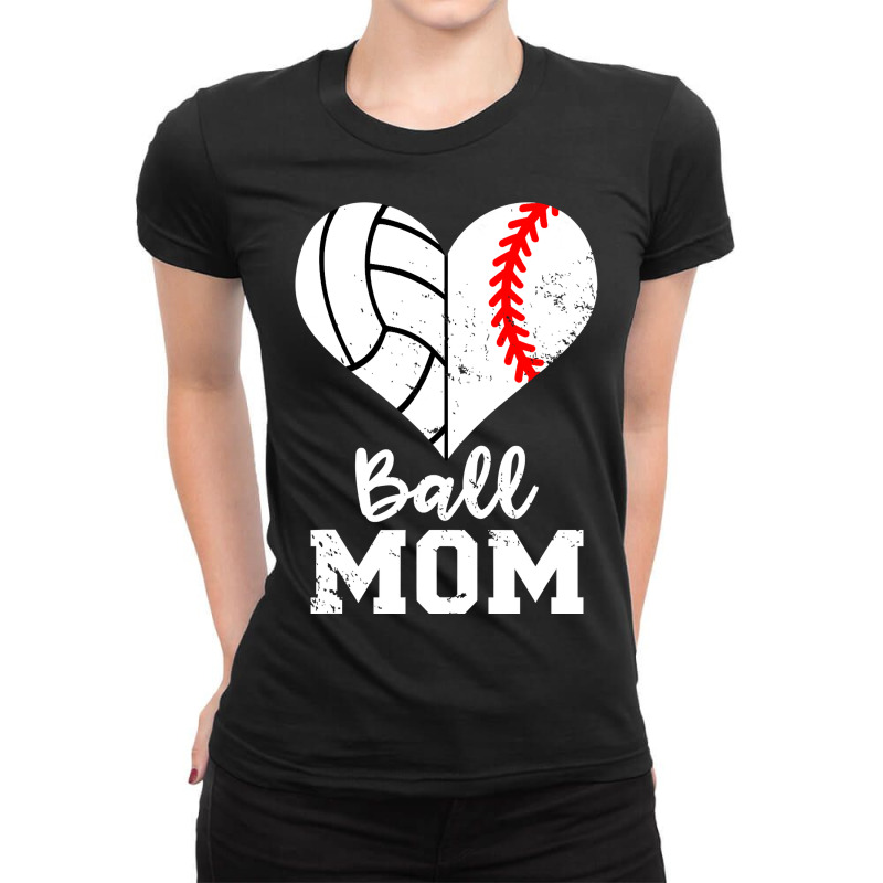 Ball Mom Heart Funny Baseball Volleyball Mom Ladies Fitted T-Shirt by HANANELArtist | Artistshot