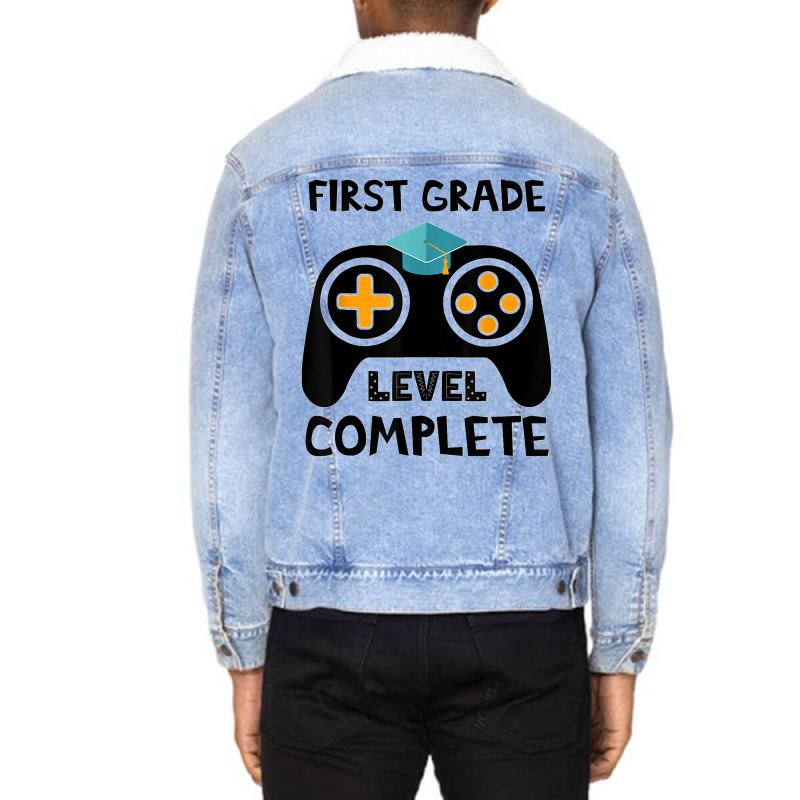 Funny First Grade Level Complete 2022 Last Day End Of School Unisex Sherpa-lined Denim Jacket | Artistshot