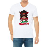 Merry Christmas Messy Bun Women Buffalo Plaid Red Pajamas T Shirt V-neck Tee | Artistshot