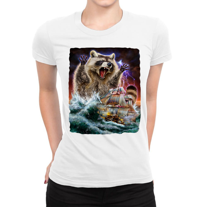 Monster Raccoon As Kraken Attack A War Ship At High Seas Ladies Fitted T-Shirt by AlejandroArtist | Artistshot