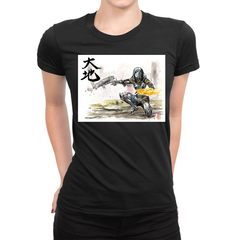 Tali From Mass Effect Sumie Style With Calligraphy Great Land Poster Ladies Fitted T-Shirt by shawnadia | Artistshot