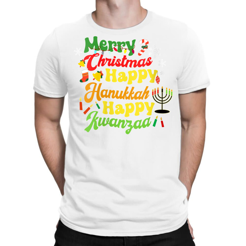 Womens Merry Christmas Happy Hanukkah Happy Kwanzaa Retro V Neck T Shi T-shirt | Artistshot