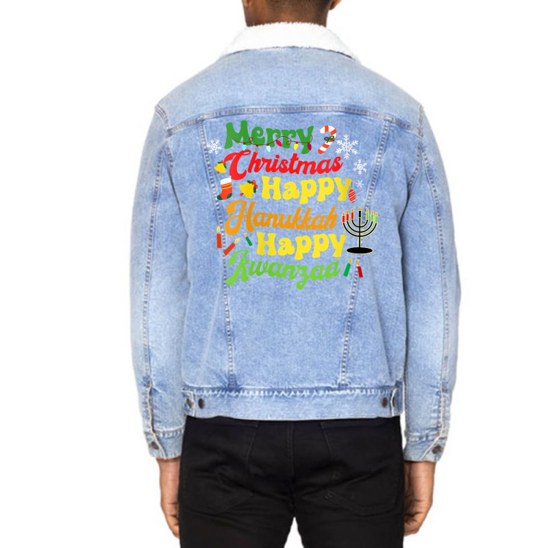 Womens Merry Christmas Happy Hanukkah Happy Kwanzaa Retro V Neck T Shi Unisex Sherpa-lined Denim Jacket | Artistshot