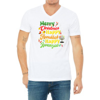 Womens Merry Christmas Happy Hanukkah Happy Kwanzaa Retro V Neck T Shi V-neck Tee | Artistshot