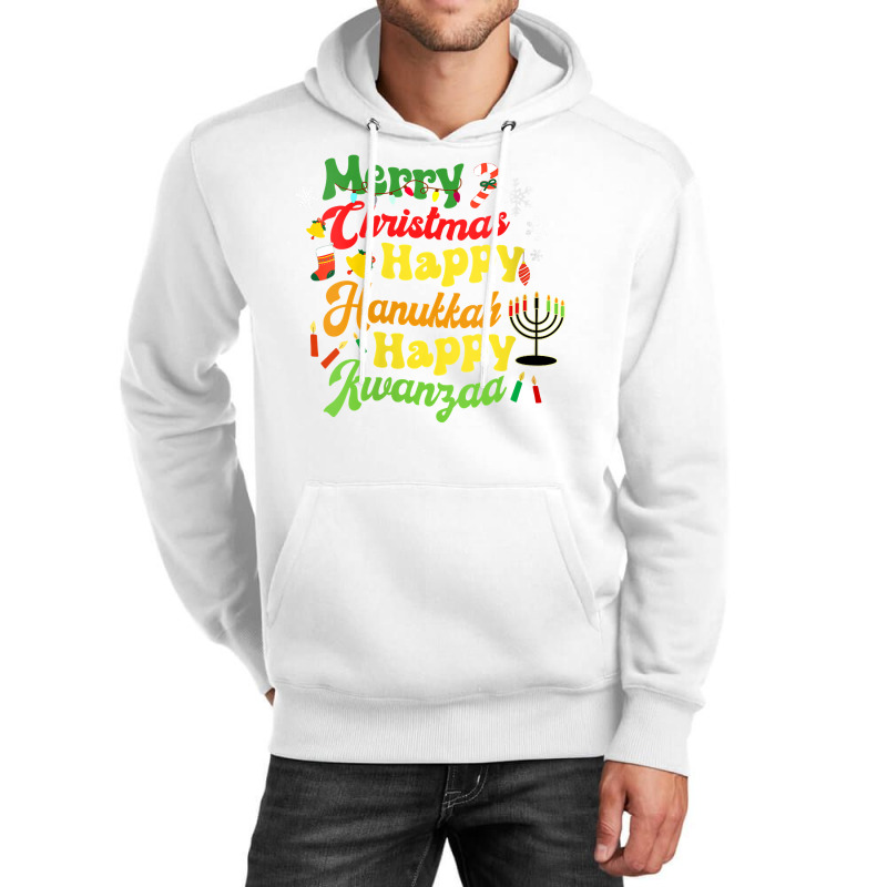 Womens Merry Christmas Happy Hanukkah Happy Kwanzaa Retro V Neck T Shi Unisex Hoodie | Artistshot