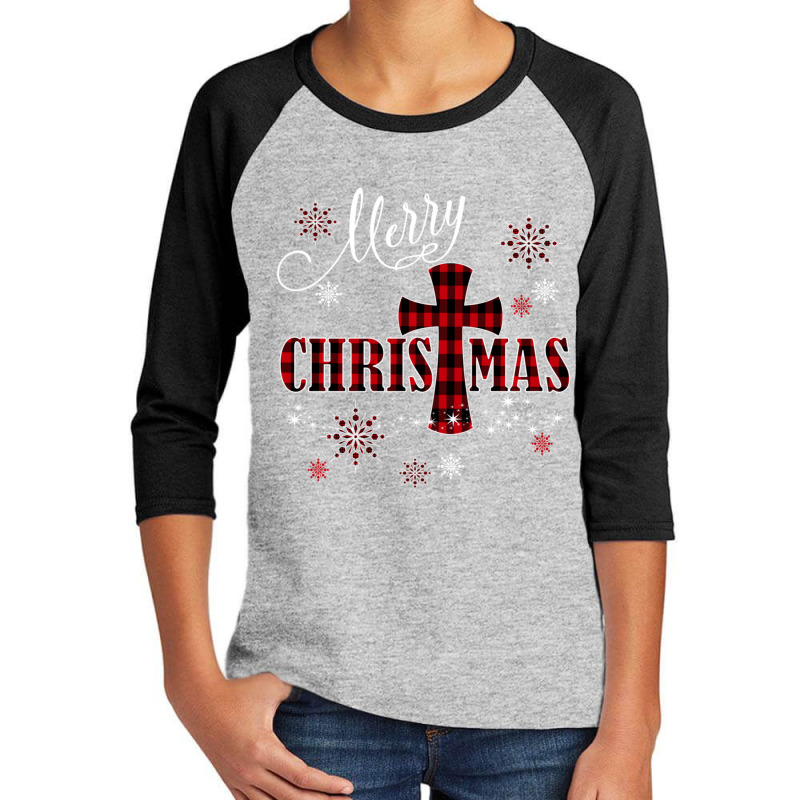 Merry Christmas Cross Buffalo Plaid Christian Holiday Gift Youth 3/4 Sleeve | Artistshot