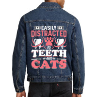 Easily Distracted By Teeth And Cats Dentist Oral Hygienist Men Denim Jacket | Artistshot